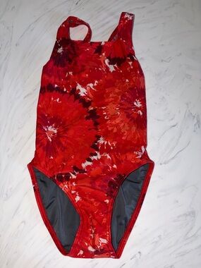 Speedo power flex eco racing swim bathing suit 12/28 one piece red tie dye burst